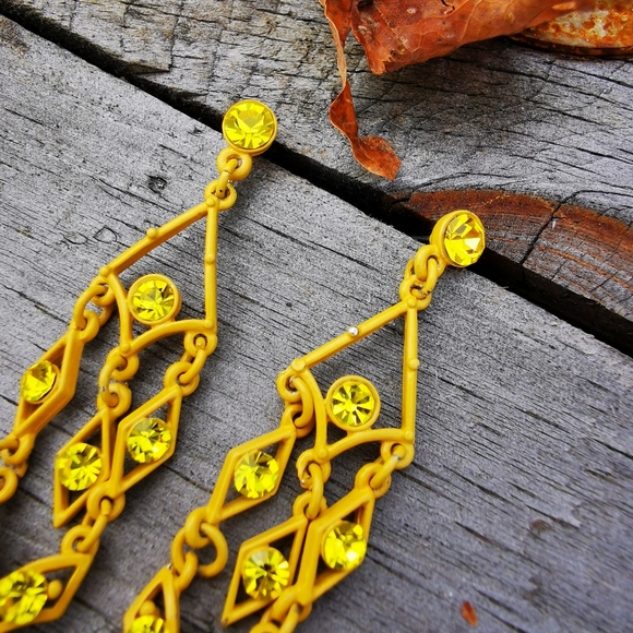 Yellow Painted Metal Chandelier Post Earrings with Yellow Rhinestones - Picture 8 of 13